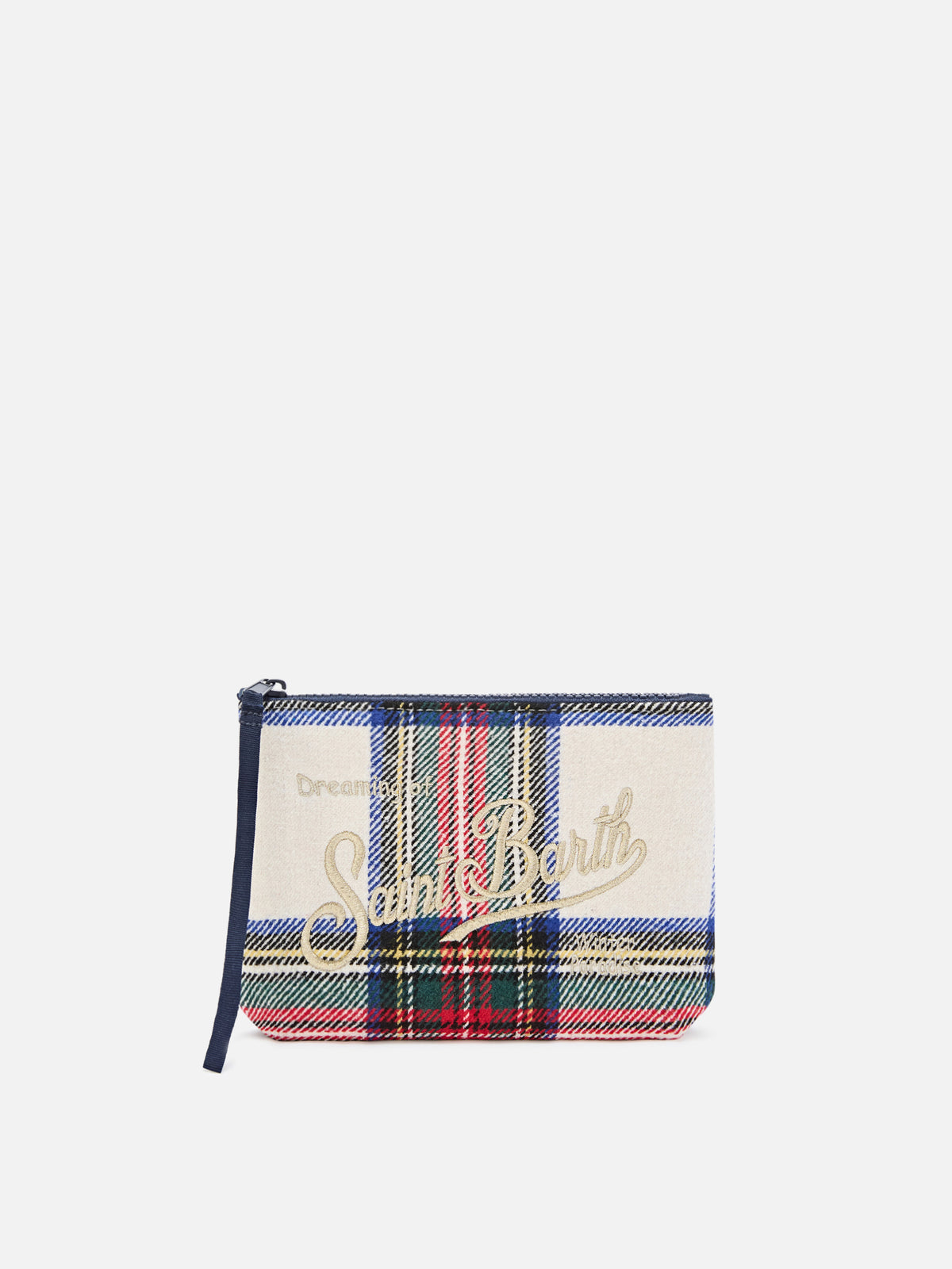 Pochette Aline in misto lana con motivo tartan e ricamo logo