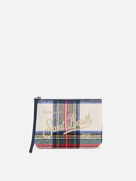 Pochette Aline in misto lana con motivo tartan e ricamo logo