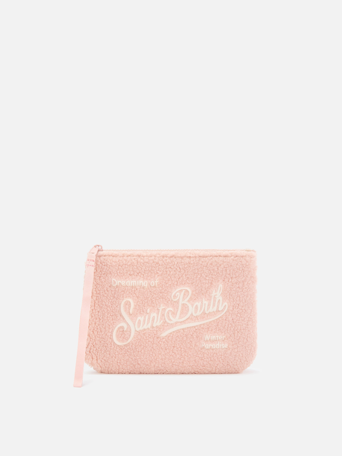Pochette Aline rosa in tessuto teddy con ricamo logo