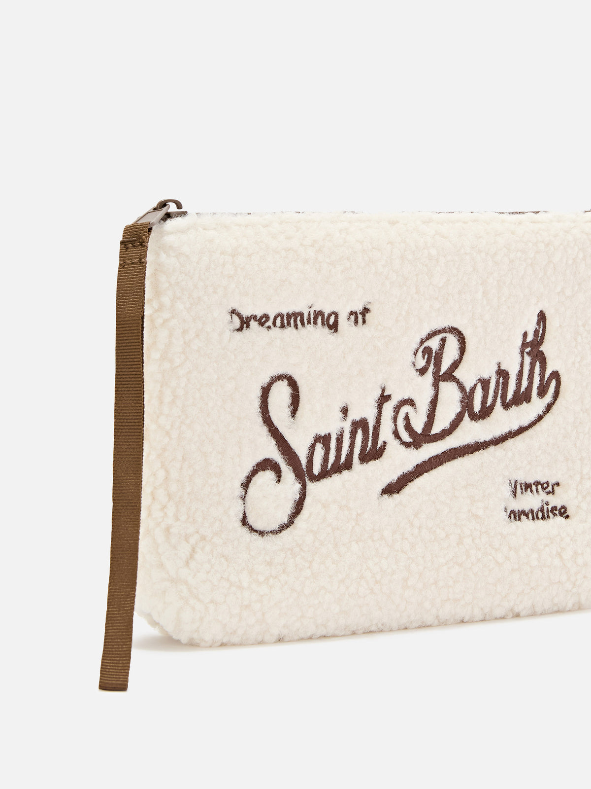 Pochette Aline beige in tessuto teddy con ricamo logo marrone