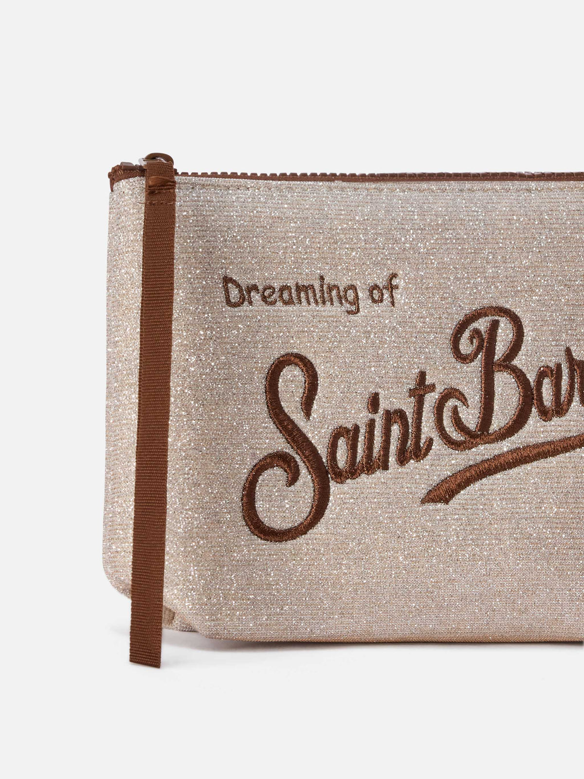 Pochette Aline beige in lurex con ricamo logo