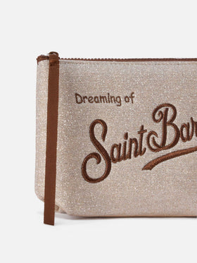 Pochette Aline beige in lurex con ricamo logo