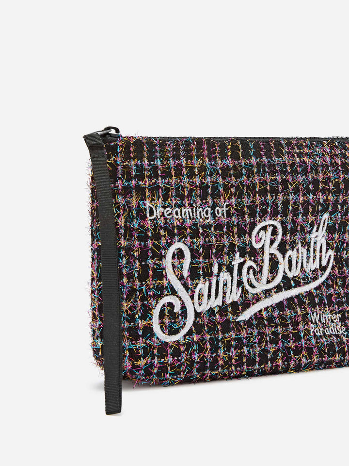 Sac en tweed noir Aline avec broderie du logo pochette 