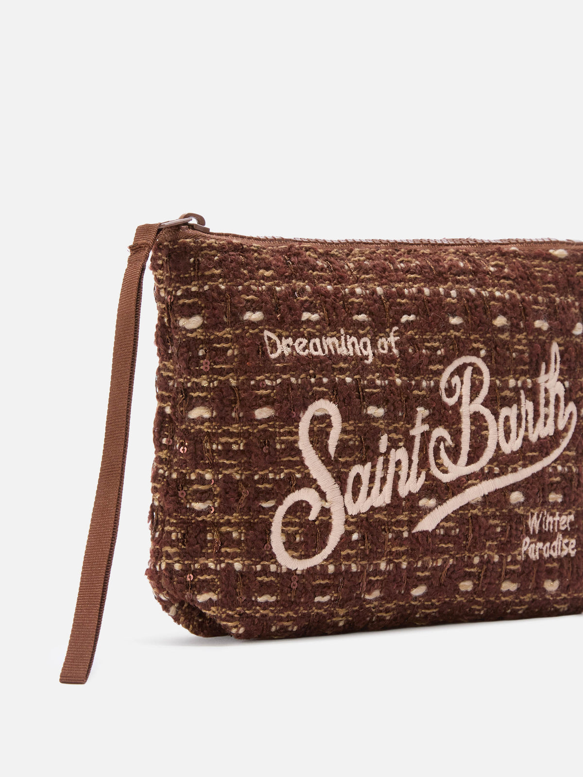 pochette en tweed marron Aline avec broderie logo 