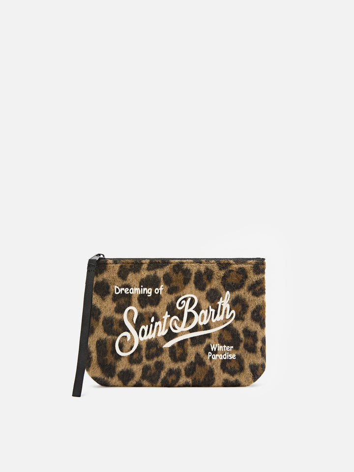 Aline felt pochette with leopard print and logo embroidery