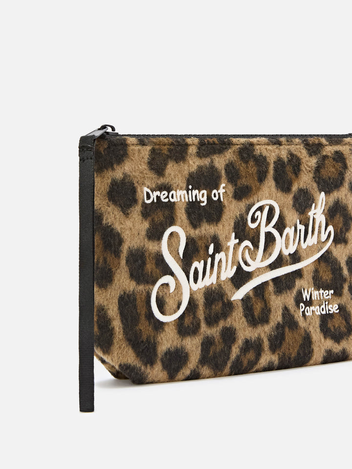 Aline felt pochette with leopard print and logo embroidery