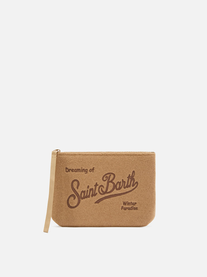 Beige Aline felt pochette with logo embroidery