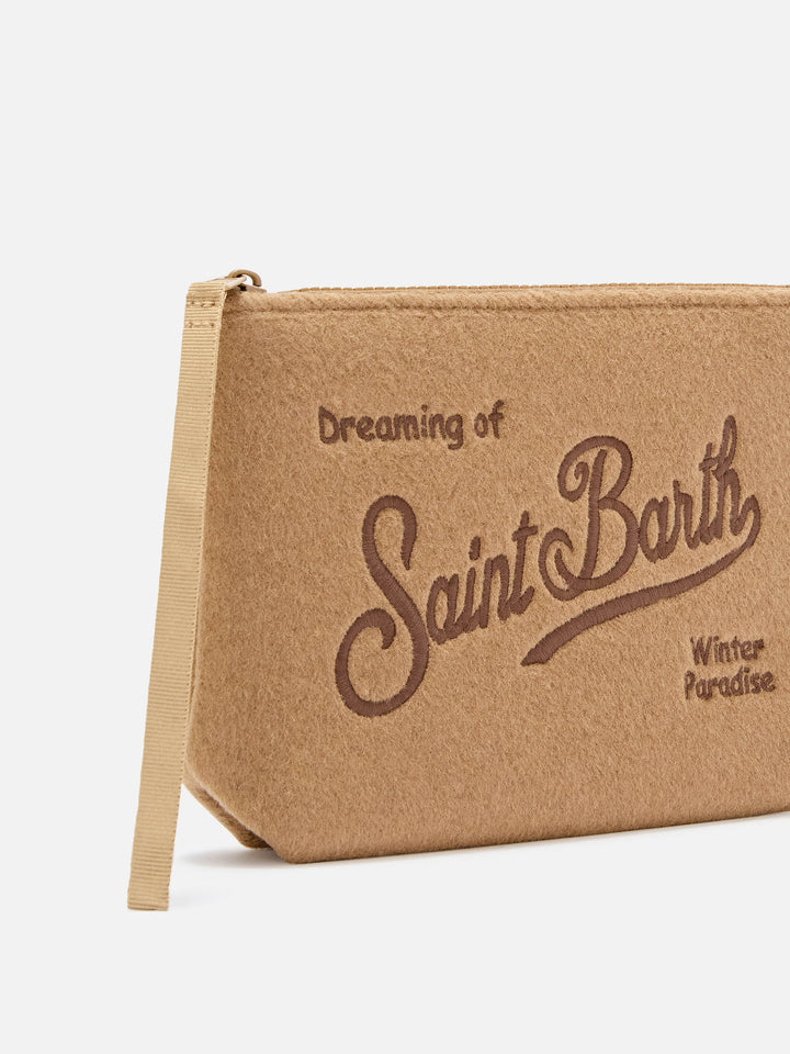 Beige Aline felt pochette with logo embroidery