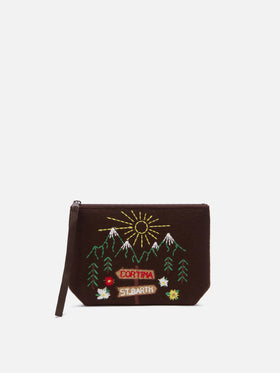 Brown Aline felt pochette with embroidered mountain landscape