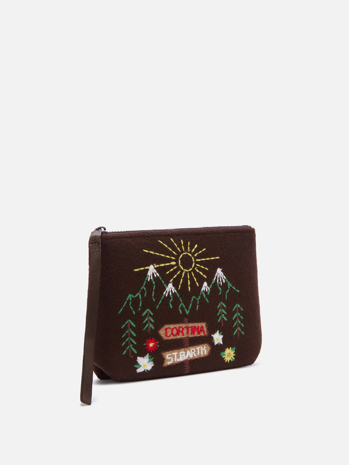 Brown Aline felt pochette with embroidered mountain landscape