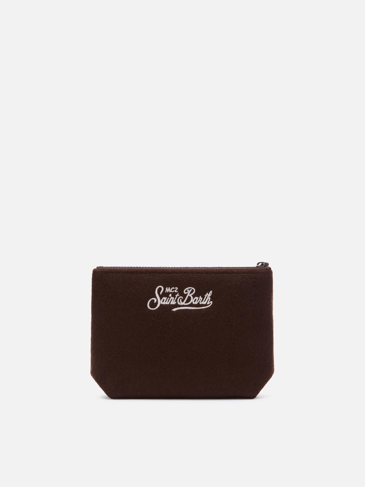 Brown Aline felt pochette with embroidered mountain landscape