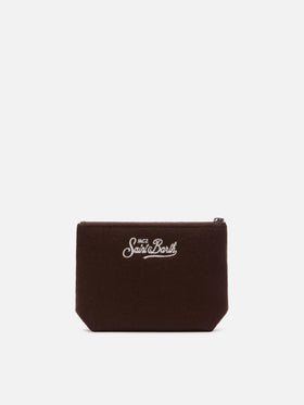 Brown Aline felt pochette with embroidered mountain landscape