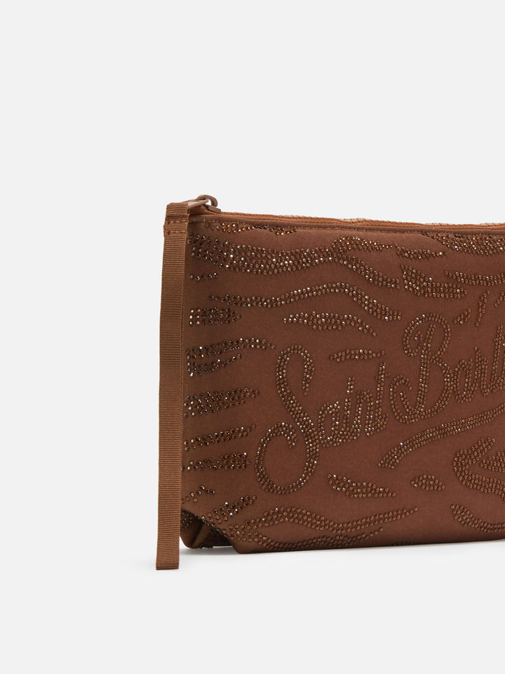 Pochette Aline in scuba marrone con stampa zebrata e strass applicati