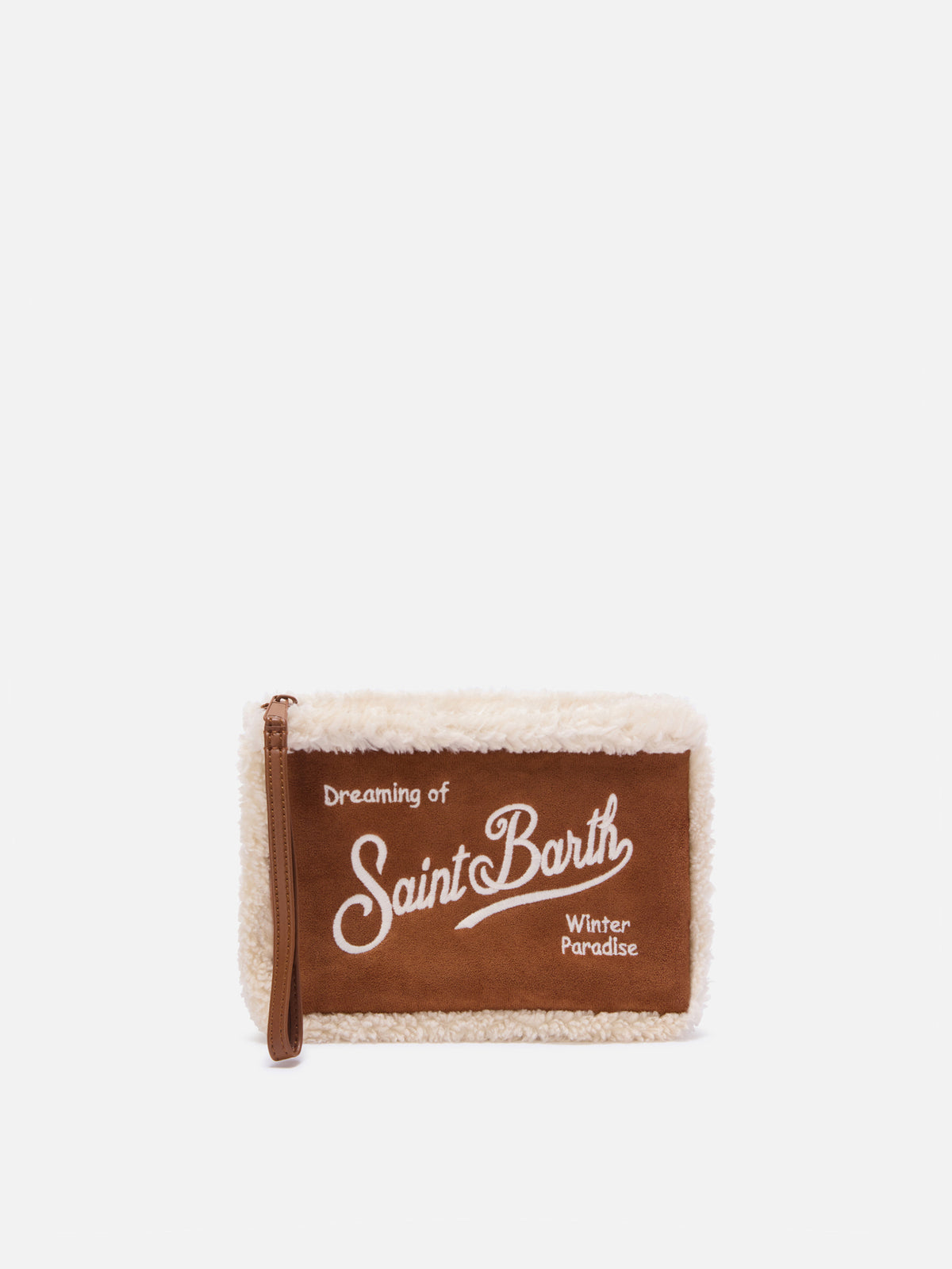 pochette marrón de falso borreguito Aline con bordado del logo 