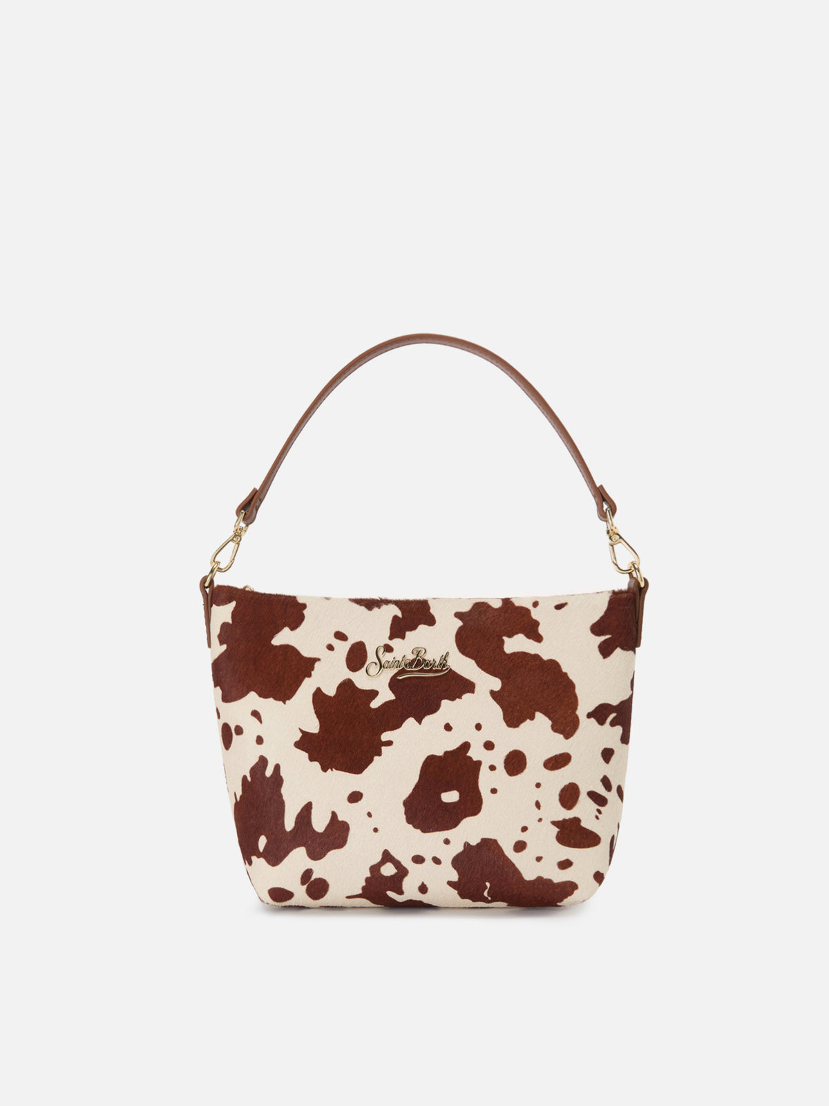 Bolso Aline en pony hair con estampado de vaca y placa con logo de metal 