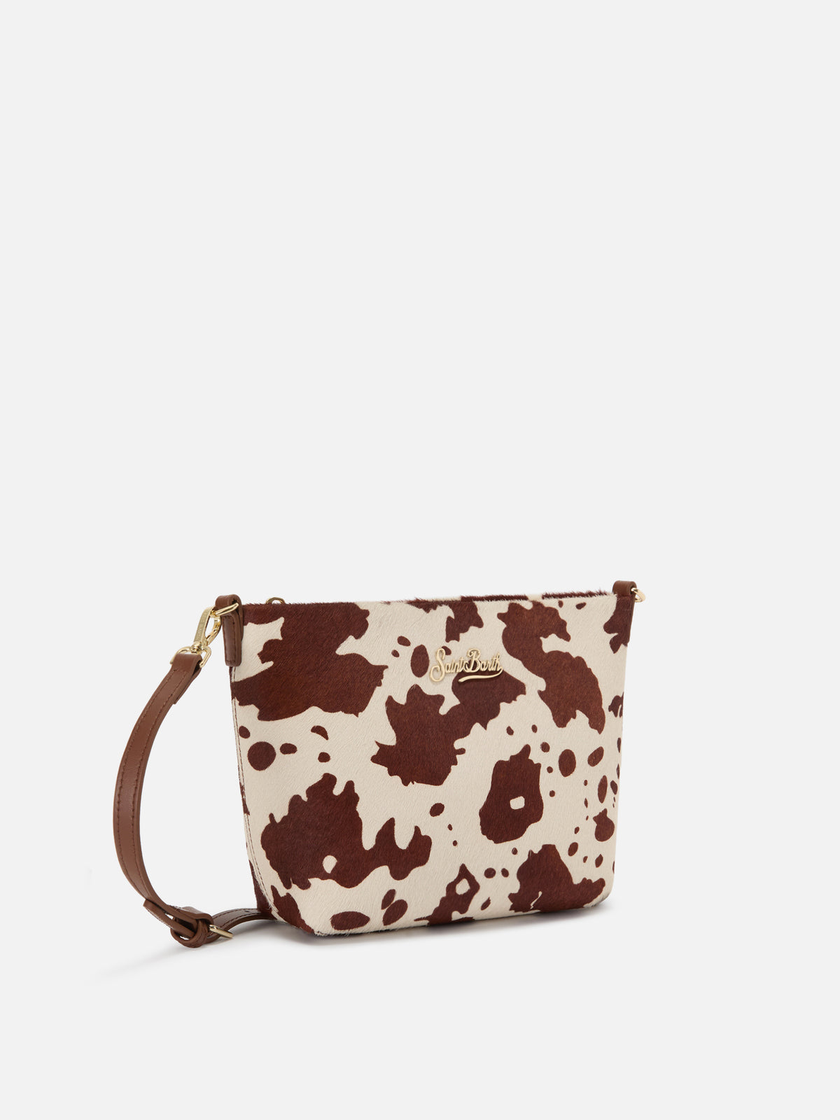 Bolso Aline en pony hair con estampado de vaca y placa con logo de metal 