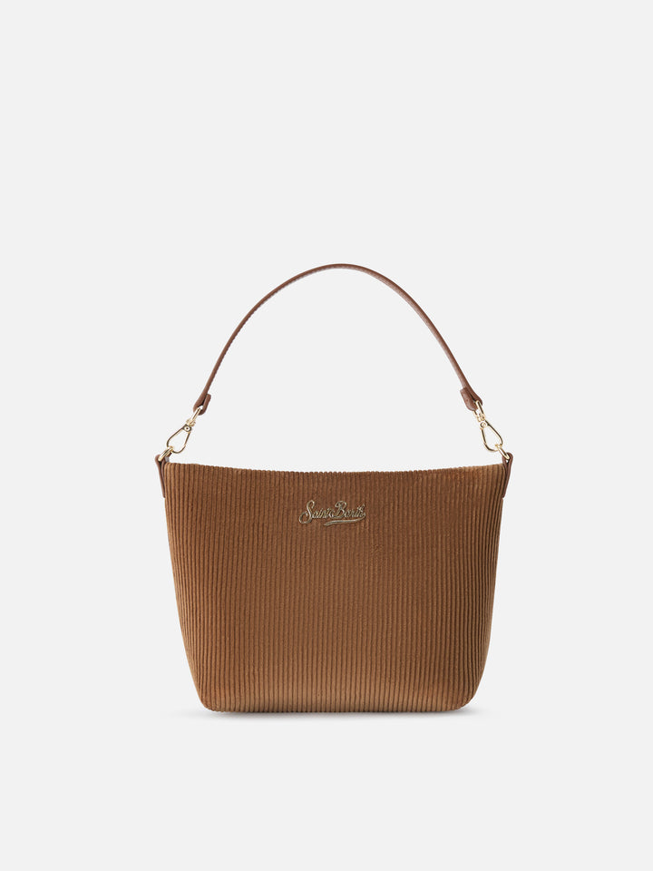 Braune Schultertasche aus Aline Samt mit Ledergriffen 