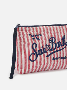 Aline red and white narrow striped cotton pouch