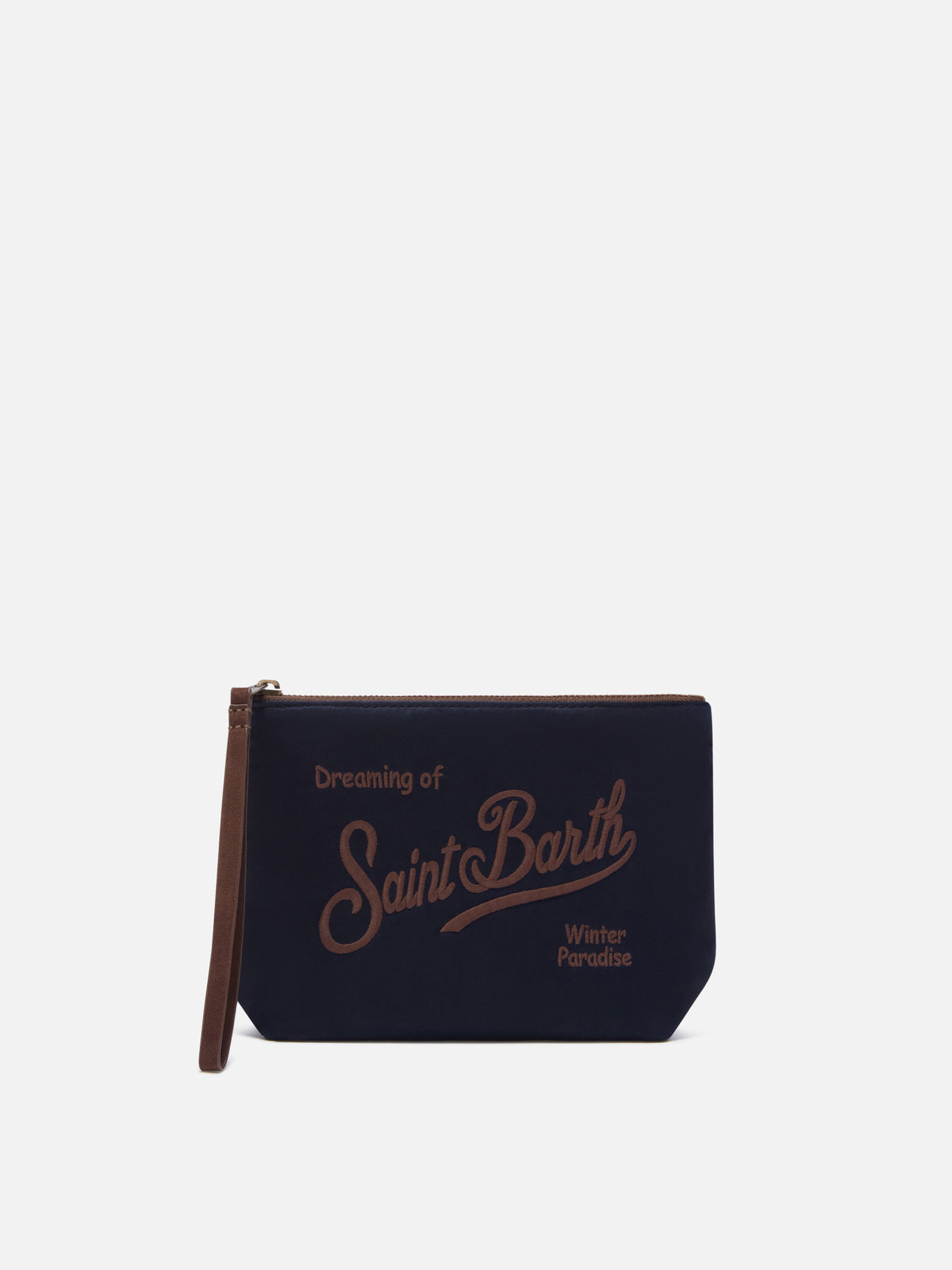Pochette Aline blu navy in tessuto cerato con ricamo logo