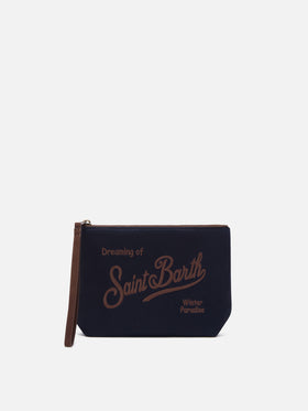 Pochette Aline blu navy in tessuto cerato con ricamo logo