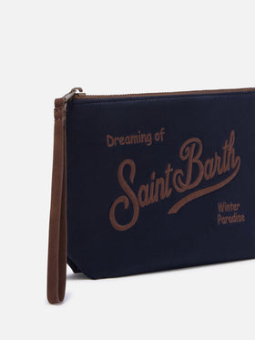 Pochette Aline blu navy in tessuto cerato con ricamo logo