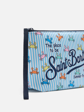 Aline scuba pouch with light blue stripes and crab print