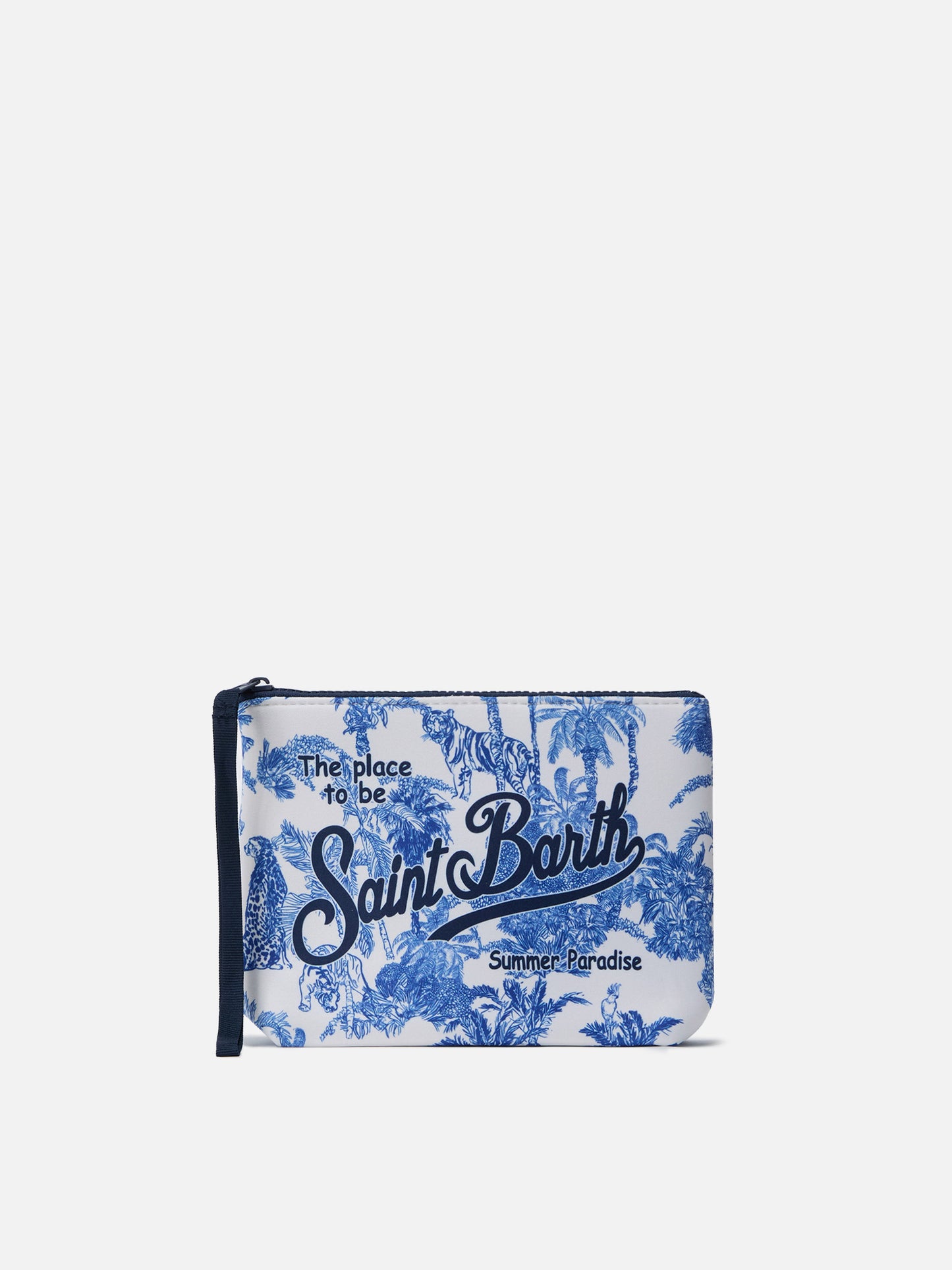 Pouch scuba Aline blanco con estampado toile de jouy Jungle Oceania 