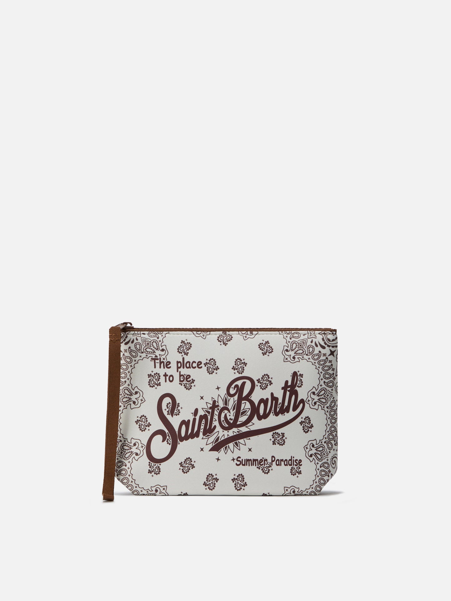 Pochette Aline en scuba avec imprimé bandana beige et bordeaux 