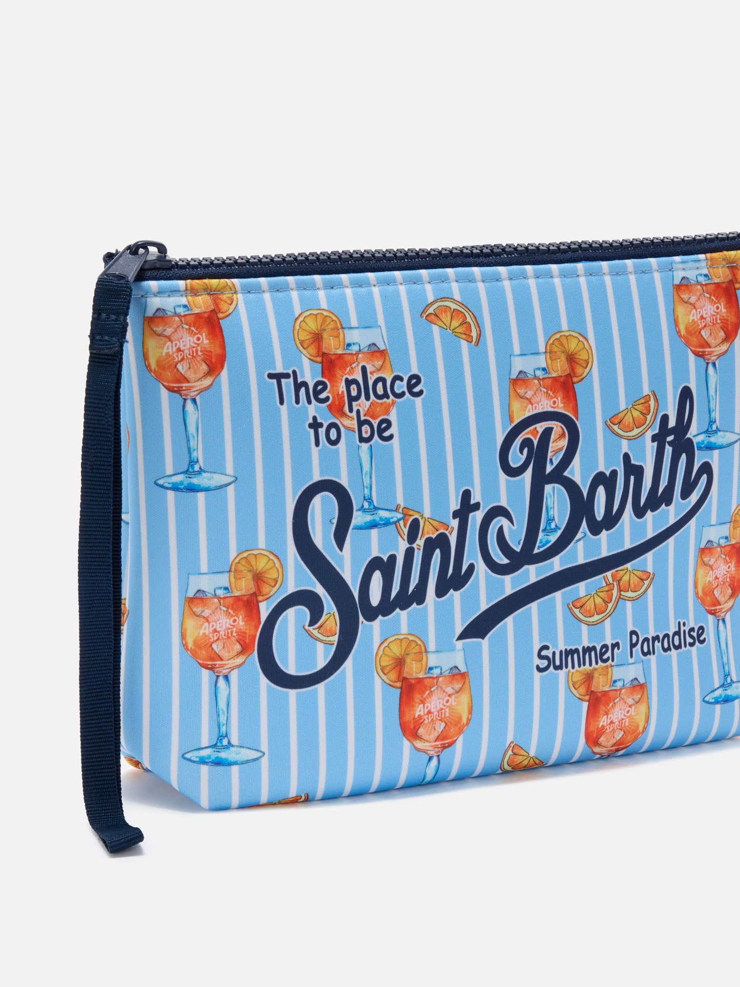 Pochette Aline in scuba a righe azzurre con stampa Spritz