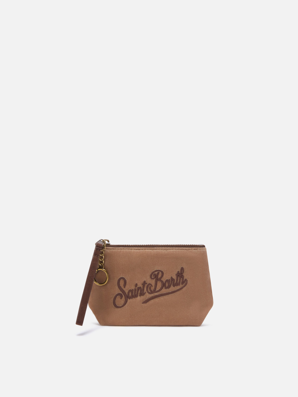 Pochette Mini Aline nocciola in tessuto cerato con ricamo logo