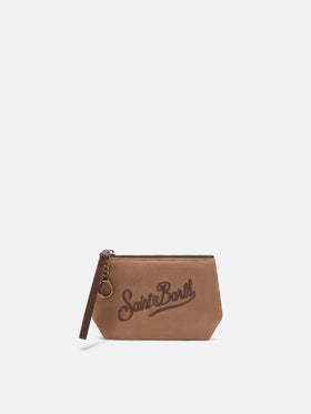 Pochette Mini Aline nocciola in tessuto cerato con ricamo logo