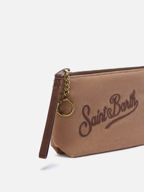 Pochette Mini Aline nocciola in tessuto cerato con ricamo logo