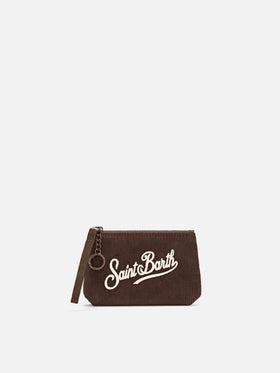 Pochette Mini Aline marrone in velluto a coste con ricamo logo