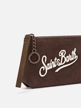 Pochette Mini Aline marrone in velluto a coste con ricamo logo
