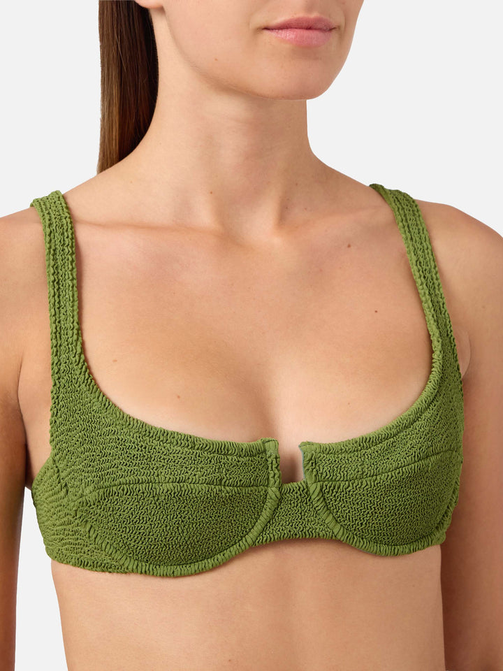 Haut de bikini balconnet Amira en tissu crinkle vert militaire 