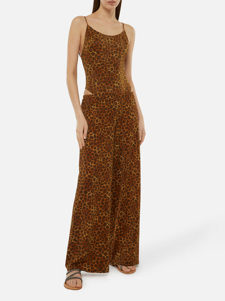 Pantaloni a gamba larga Amalia in lurex leopardato