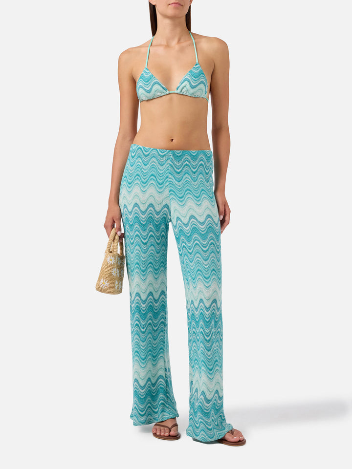 Lange Amalia Raschel-Hose in Aqua Green mit Dégradé-Effekt 