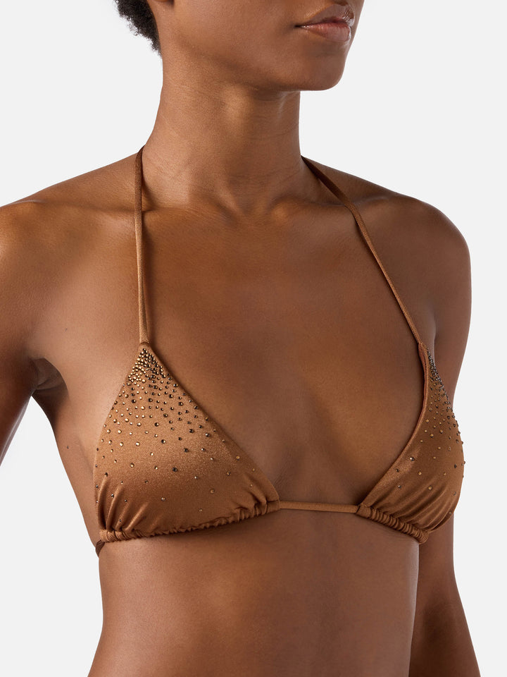 Annabelle triangle bikini top in brown with applied strass details