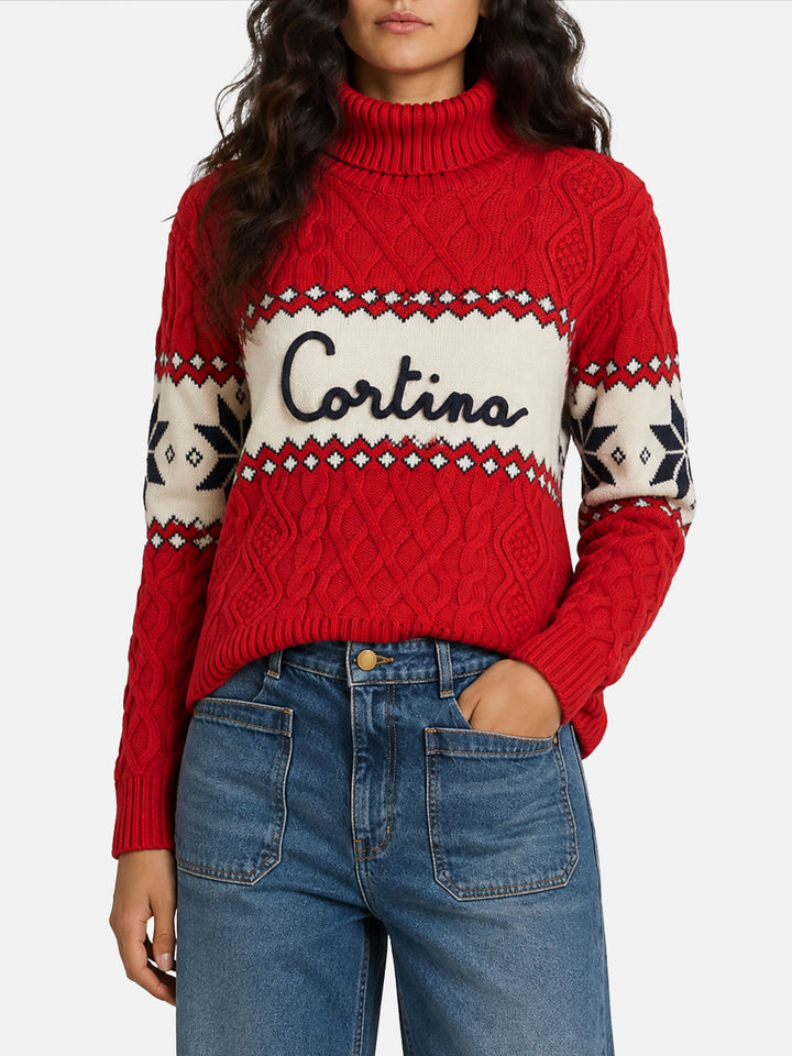 Anton red half-turtleneck sweater with Cortina lettering