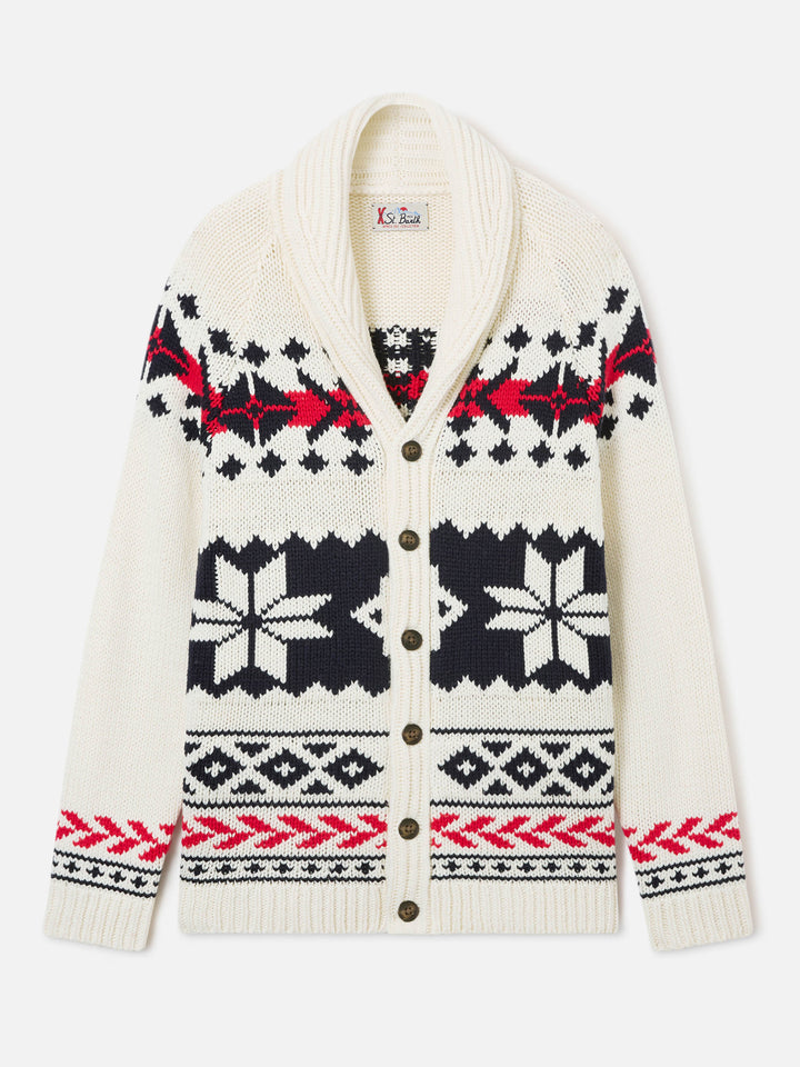 Cream Archer wool and cashmere blend cardigan with nordic pattern
