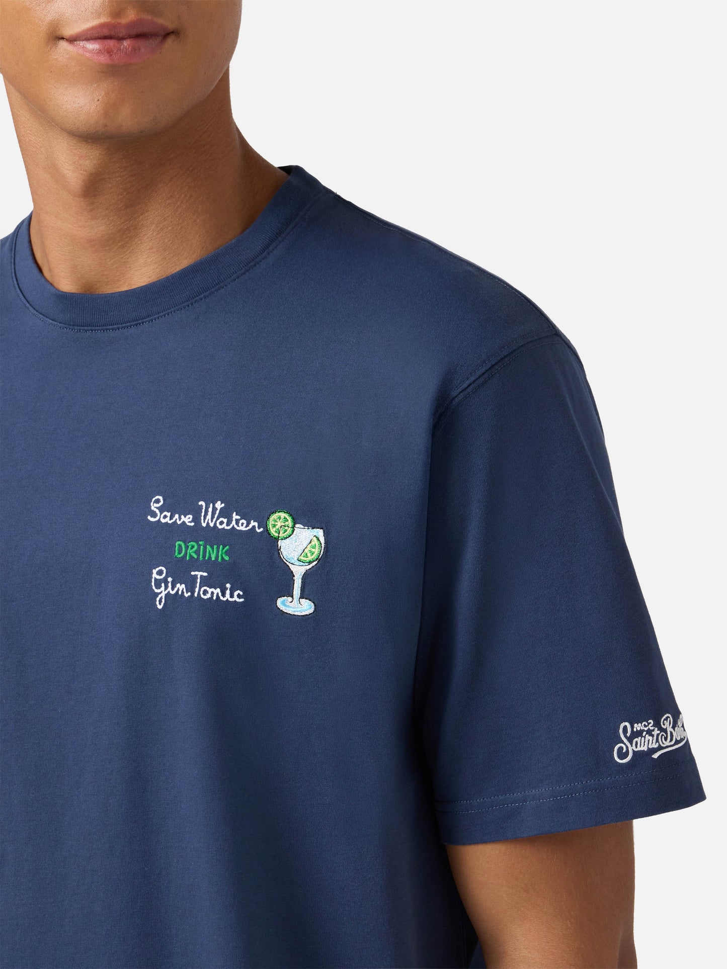 Arnott Baumwoll-T-Shirt in Blau mit Stickerei „Save water drink Gin Tonic“.