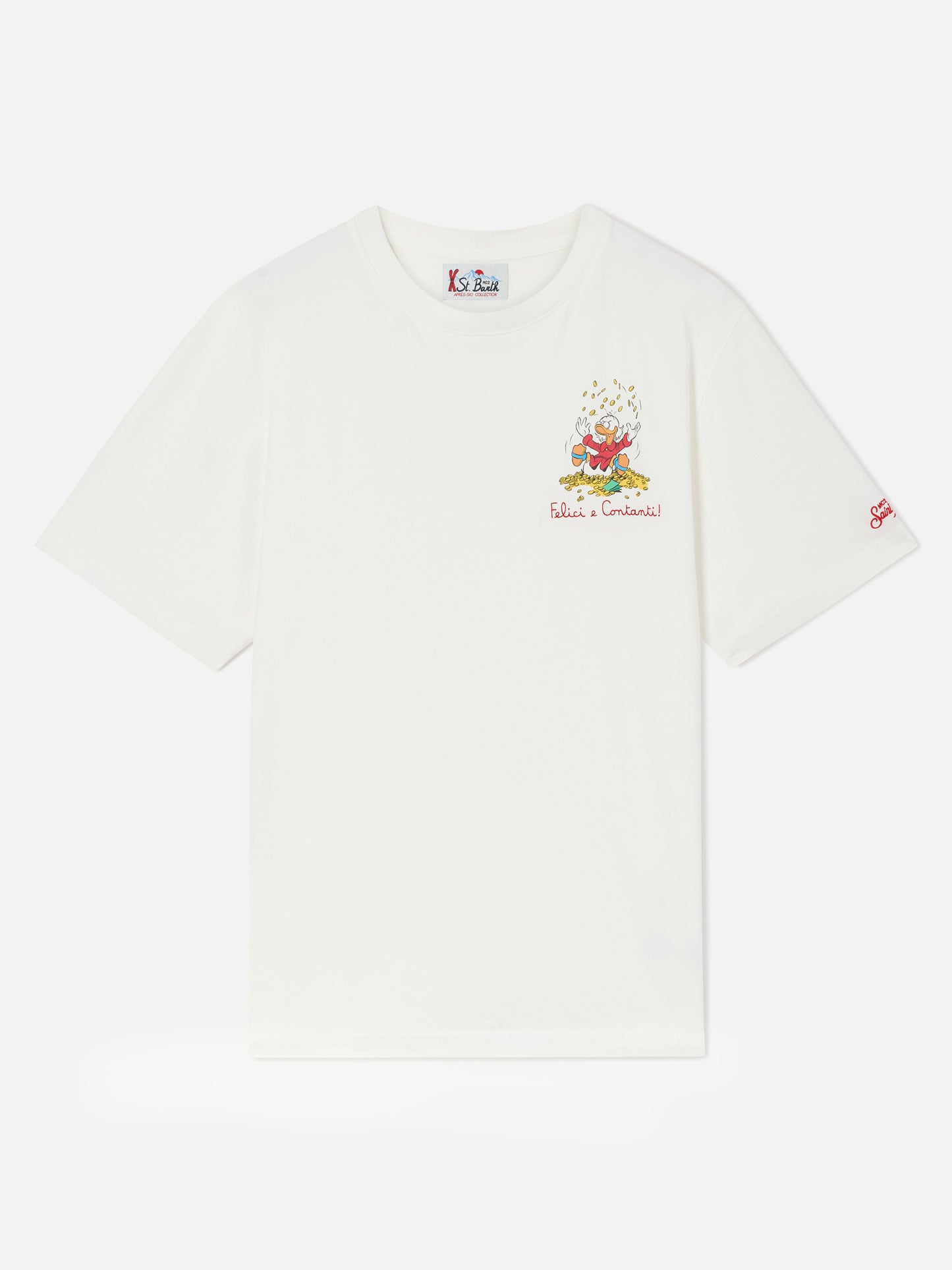 Arnott T-Shirt in Weiß mit Scrooge-McDuck-Print und „Felici e Contanti“-Schriftzug 