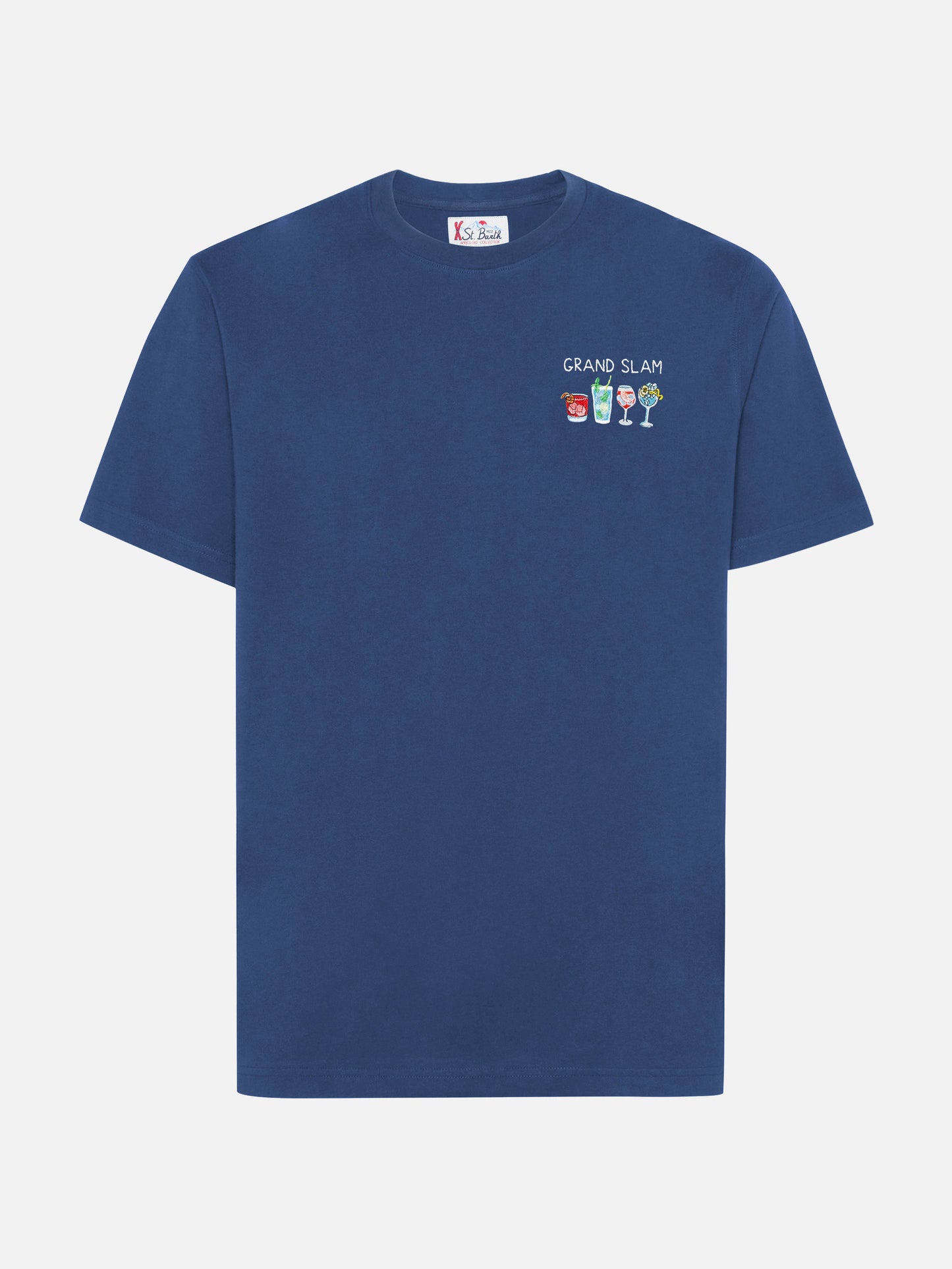 T-shirt Arnott in cotone blu con ricamo Grand Slam e stampa bottiglie