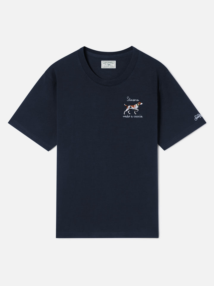Marineblaues T-Shirt aus blue Arnott Baumwolle mit Stickerei eines Jagdhundes 