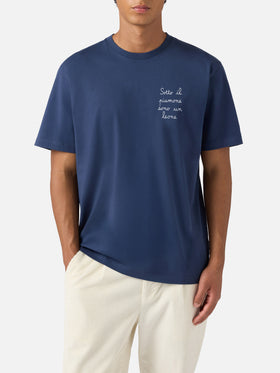 Arnott cotton T-shirt in blue with Sotto il Piumone sono un Leone embroidery