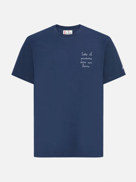 Arnott cotton T-shirt in blue with Sotto il Piumone sono un Leone embroidery