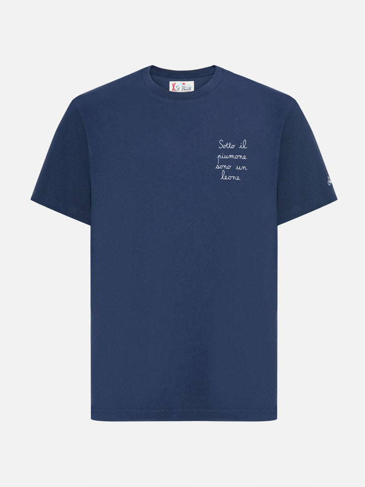 Arnott cotton T-shirt in blue with Sotto il Piumone sono un Leone embroidery