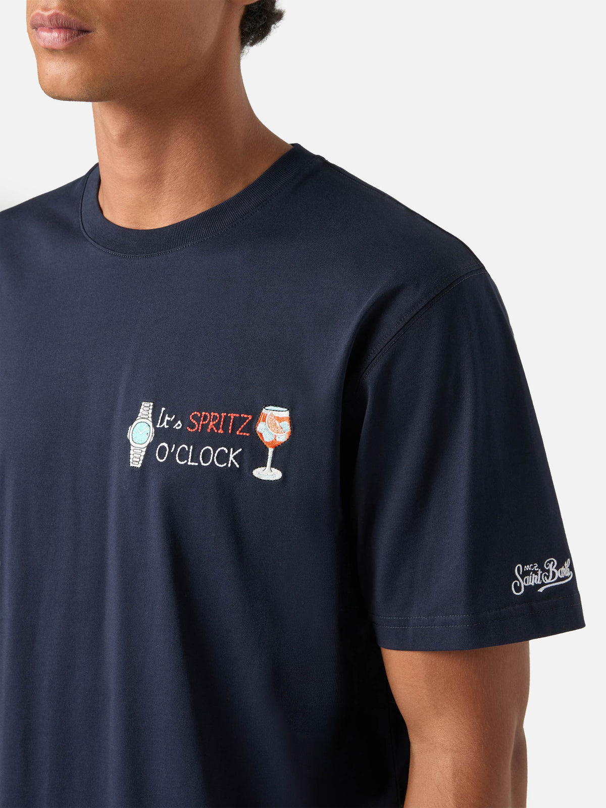 Navy blue Arnott cotton t-shirt with It's Spritz O'Clock embroidery