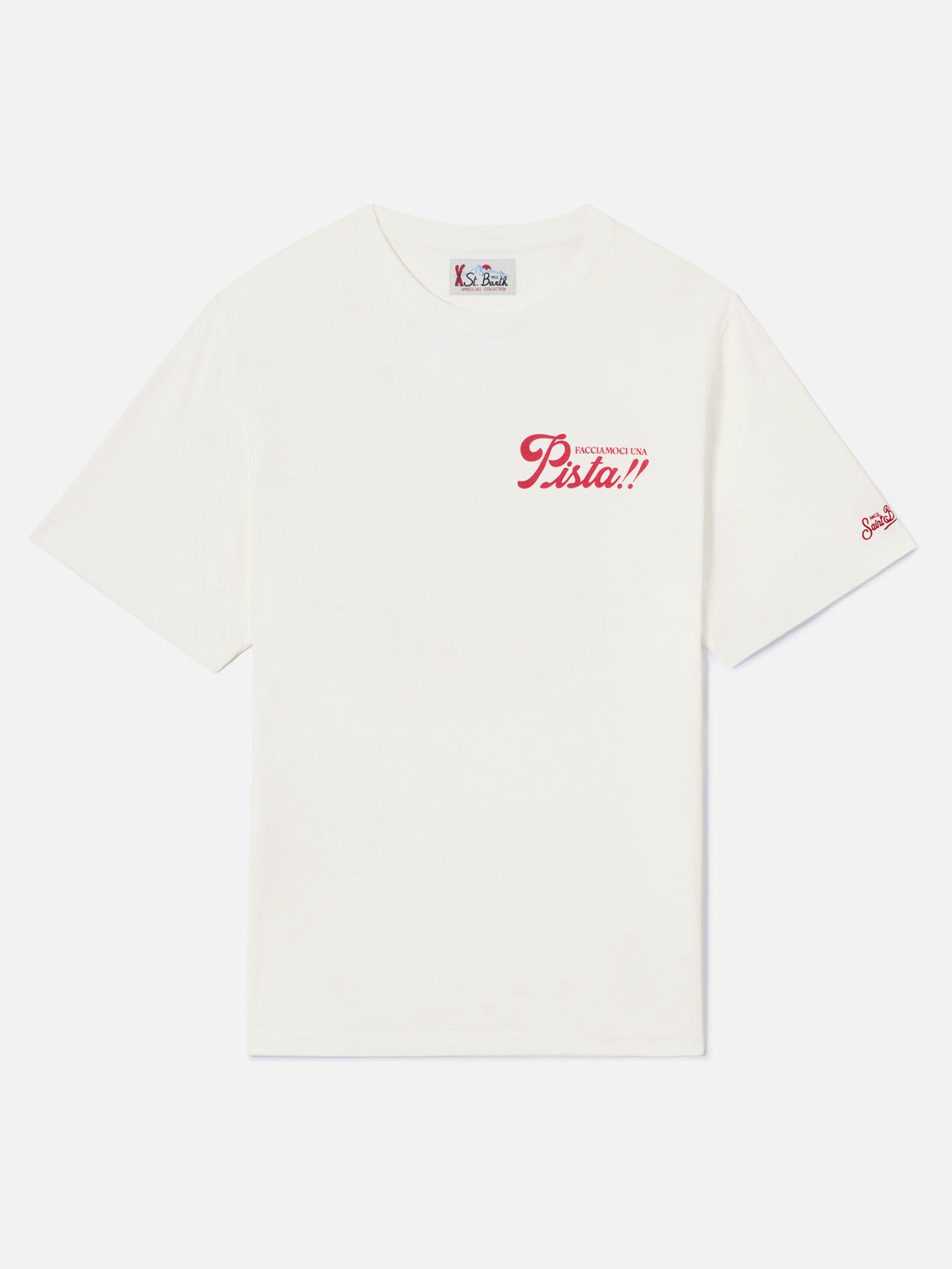 T-shirt Arnott Warm bianca in cotone con stampa Facciamoci Una Pista sul retro