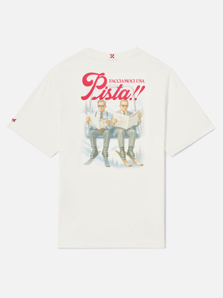 T-shirt Arnott Warm bianca in cotone con stampa Facciamoci Una Pista sul retro